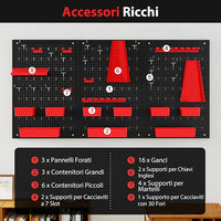 Pannello Forato da Muro, Organizzatore con 9 Contenitori, Supporti per Martelli, Portautensili e Ganci, Ideale per Garage e Officina (Rosso)