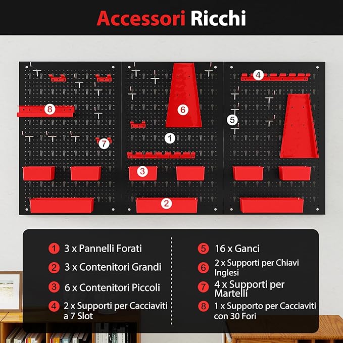 Pannello Forato da Muro, Organizzatore con 9 Contenitori, Supporti per Martelli, Portautensili e Ganci, Ideale per Garage e Officina (Rosso)