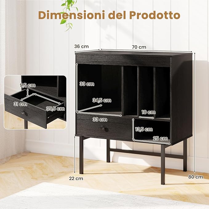 Armadio Camera da Letto 70 x 36 x 80 cm, Credenza Salvaspazia in Legno con Scomparti Aperti, Supporti per Album e Cassetto, Mobile Moderno per Sala Musica e Soggiorno (Nero)