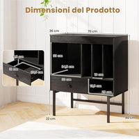 Armadio Camera da Letto 70 x 36 x 80 cm, Credenza Salvaspazia in Legno con Scomparti Aperti, Supporti per Album e Cassetto, Mobile Moderno per Sala Musica e Soggiorno (Nero)