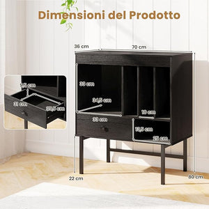 Armadio Camera da Letto 70 x 36 x 80 cm, Credenza Salvaspazia in Legno con Scomparti Aperti, Supporti per Album e Cassetto, Mobile Moderno per Sala Musica e Soggiorno (Nero)