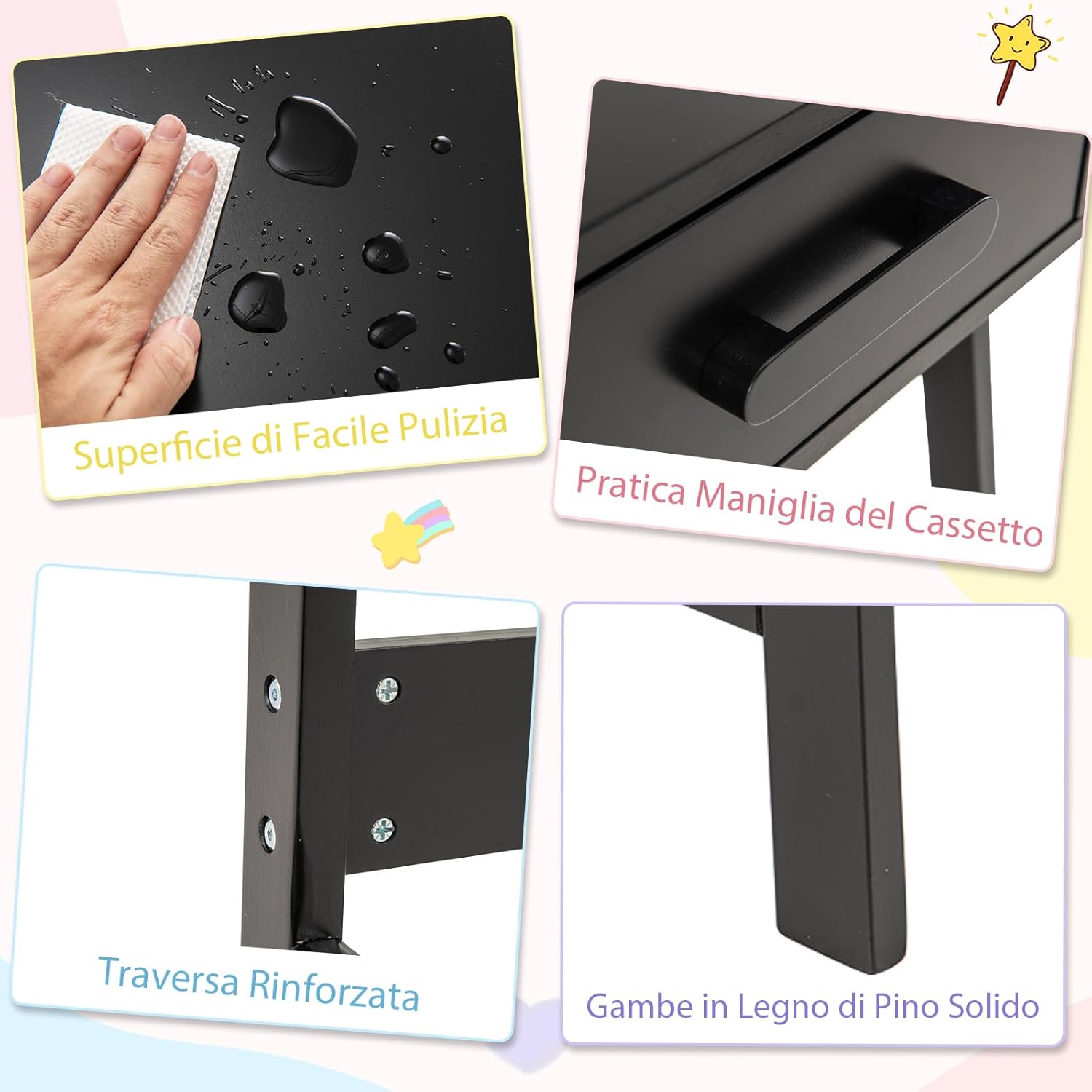 Set Tavolo e Seide per bambini in Legno, Scrivania e Sedia con Cassetto e Scomparto, Tavolino e Sedia per Cameretta, Soggiorno e Scuola (Nero)