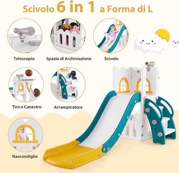 6 in 1 Scivolo per Bambini, Set da Gioco a Forma di L con Canestro da Basket e Telescopio, Spazio di Archiviazione, Scivolo da Interno ed Esterno per 1-3 Anni (Giallo)
