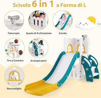 6 in 1 Scivolo per Bambini, Set da Gioco a Forma di L con Canestro da Basket e Telescopio, Spazio di Archiviazione, Scivolo da Interno ed Esterno per 1-3 Anni (Giallo)