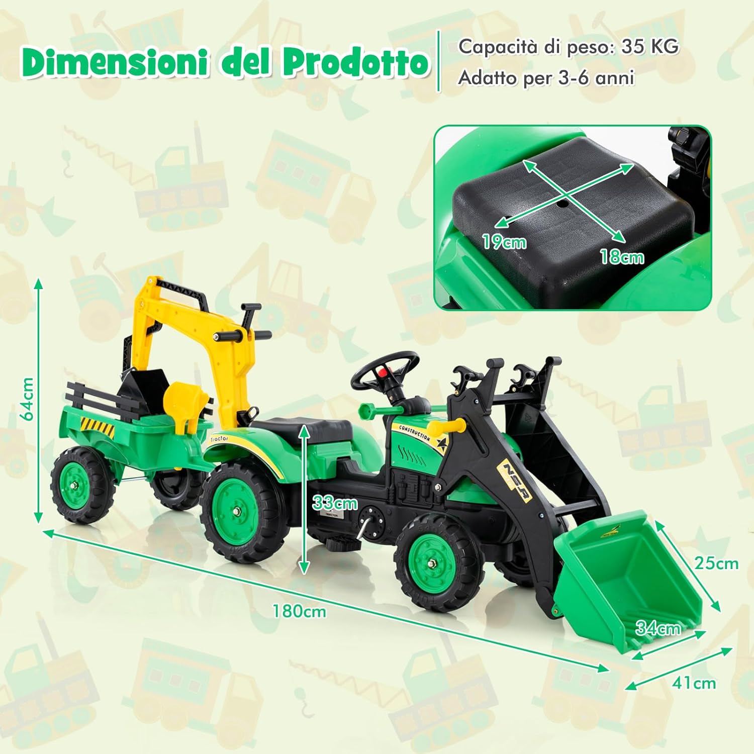 3 in 1 Escavatore per Bambini, Trattore con Rimorchio Staccabile Cavalcabile per Bambini, con 6 Ruote e 2 Benne, per Bambini 3-6 Anni (Verde)