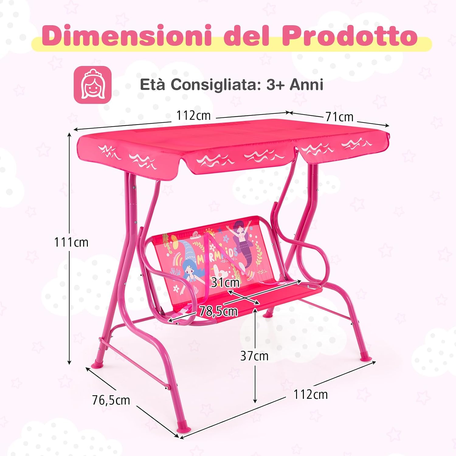 Altalena da Esterno per Bambini, Panchina a Dondolo a 2 Posti con Struttura in Metallo, Tetto Regolabile e Cinture di Sicurezza, per Bambini 3+Anni, Portata 80 kg (Rosa)