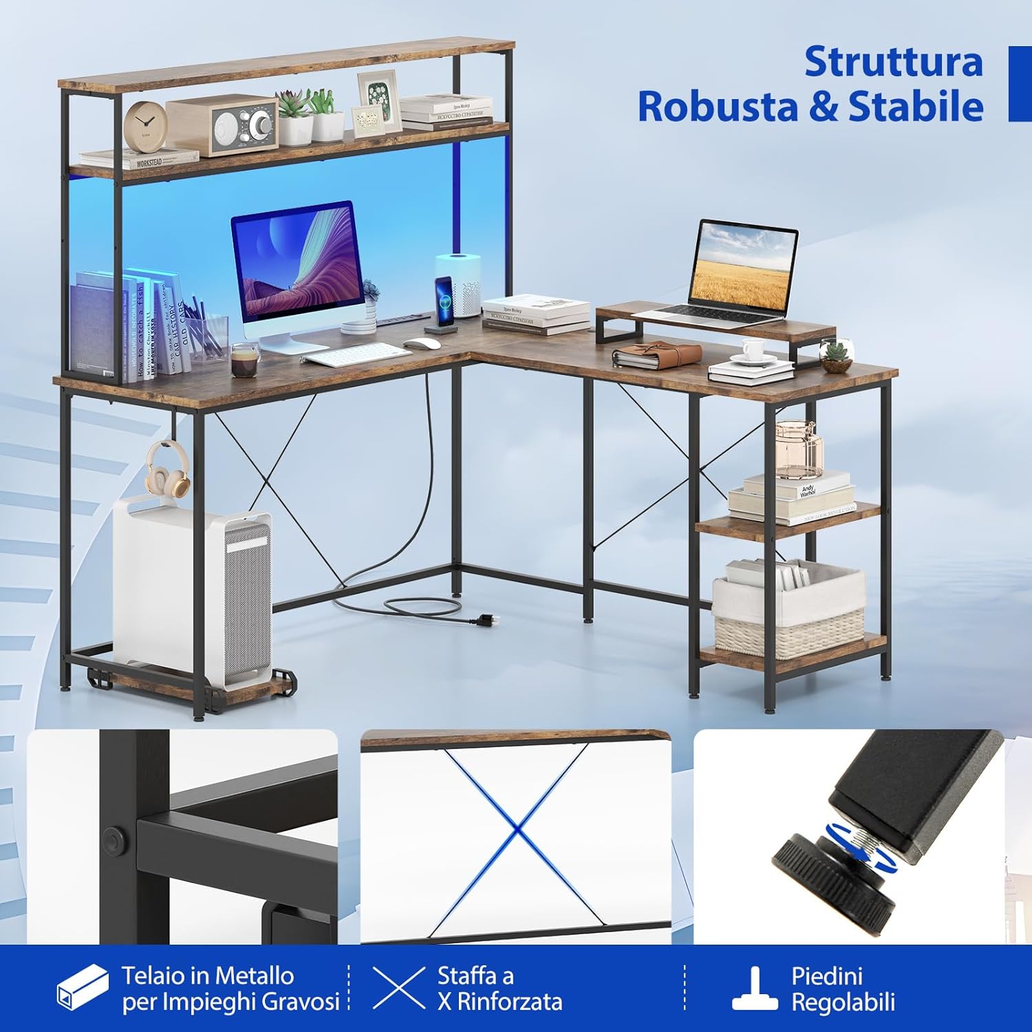 Scrivania per Computer a Forma di L, Tavolo da Gioco con Scaffale Regolabile, Gancio, Supporto per CPU, Striscia LED, Telecomando e Prese di Corrente, Desk per Studiare e Lavorare (Marrone)