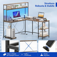 Scrivania per Computer a Forma di L, Tavolo da Gioco con Scaffale Regolabile, Gancio, Supporto per CPU, Striscia LED, Telecomando e Prese di Corrente, Desk per Studiare e Lavorare (Marrone)