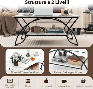 Tavolino da Caffè da Salotto, Tavolino Rettangolare a 2 Livelli con Struttura in Metallo, Tavolino Elegante e Moderno per Studio, Ufficio e Soggiorno, 100 x 50 x 45 cm (bianco e nero)