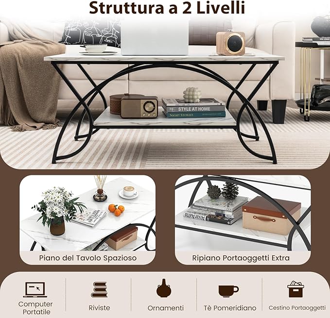 Tavolino da Caffè da Salotto, Tavolino Rettangolare a 2 Livelli con Struttura in Metallo, Tavolino Elegante e Moderno per Studio, Ufficio e Soggiorno, 100 x 50 x 45 cm (bianco e nero)