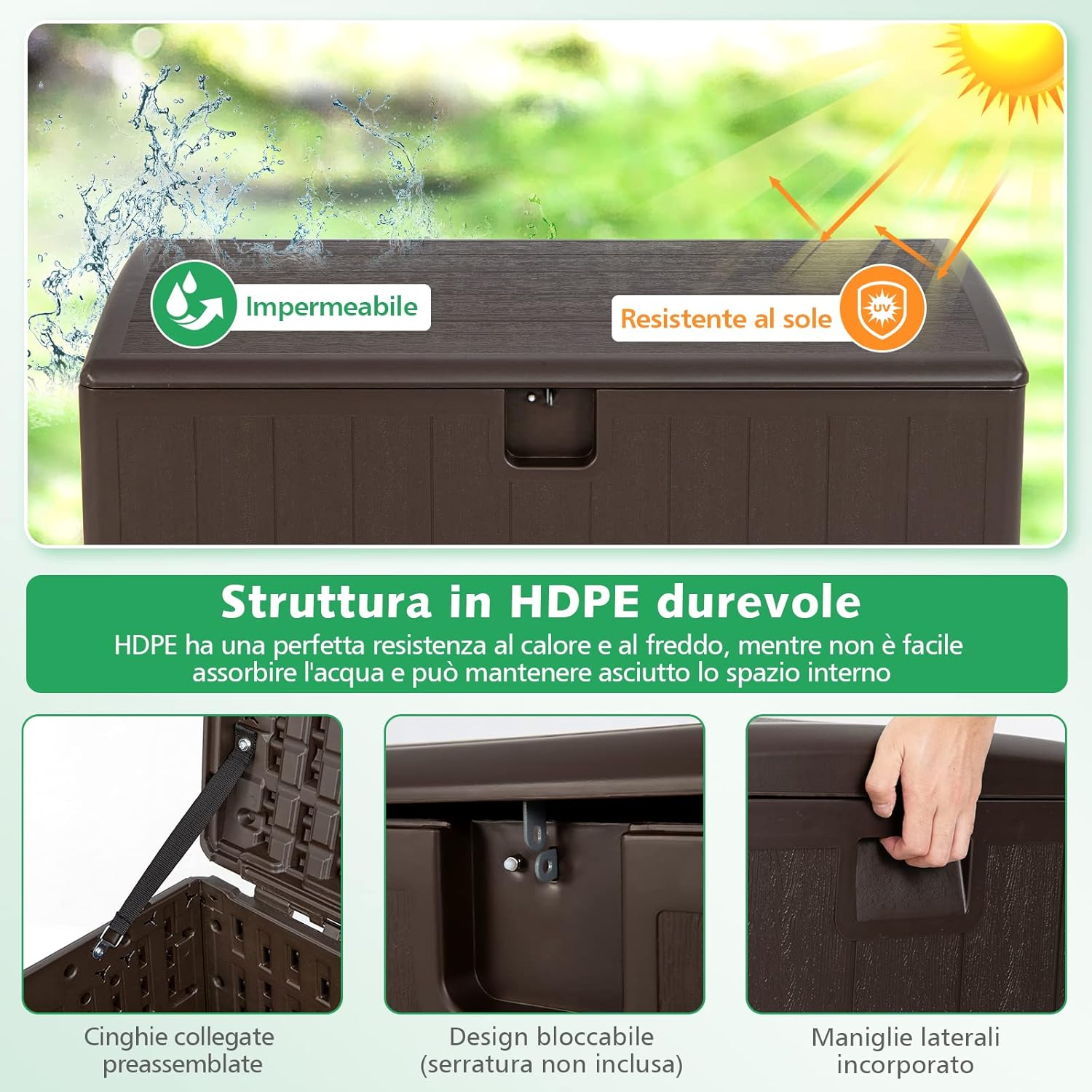 Baule da Giardino 400L, Panca Contenitore in Plastica con Coperchio e Maniglia, per Interni e Esterni, 127,5 x 64 x 64cm (Modello 2)