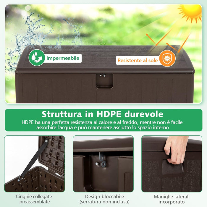 Baule da Giardino 400L, Panca Contenitore in Plastica con Coperchio e Maniglia, per Interni e Esterni, 127,5 x 64 x 64cm (Modello 2)