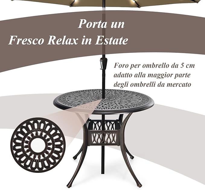 Tavolo da Pranzo Giaridno 91 cm, Tavolo da Bistro con Foro per Ombrellone da 5 cm, Tavolino Rotondo per Giardino Balcone Terazza, Portata 75 kg