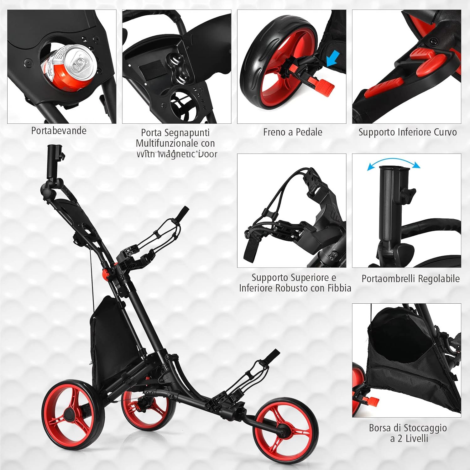Carrello da Golf Pieghevole con 3 Ruote, Struttura in Alluminio, Cinghia Elastica, Portaombrello Regolabile e Porta Bicchiere, Segnapunti e Freno a Pedale (Rosso)