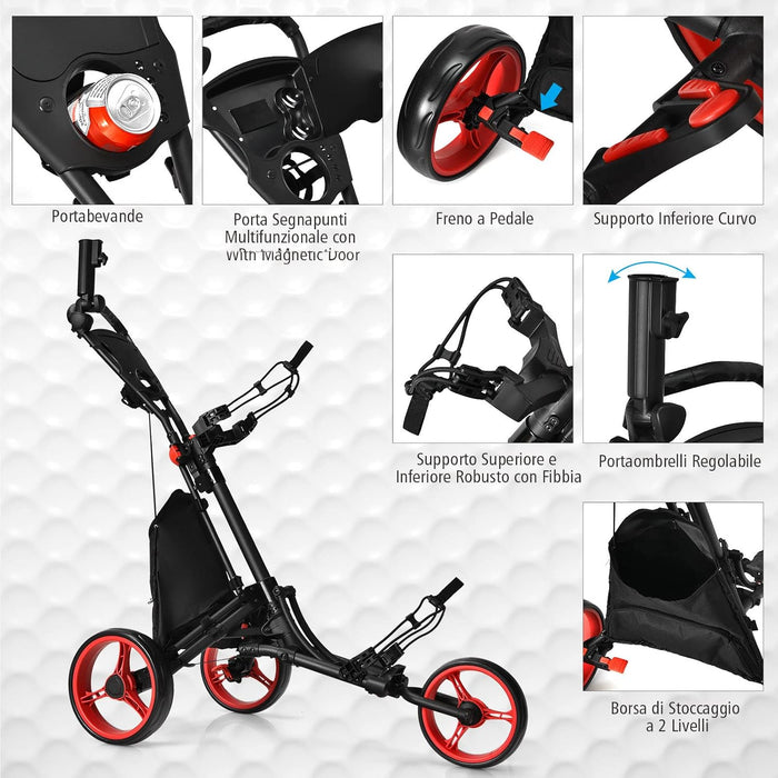 Carrello da Golf Pieghevole con 3 Ruote, Struttura in Alluminio, Cinghia Elastica, Portaombrello Regolabile e Porta Bicchiere, Segnapunti e Freno a Pedale (Rosso)