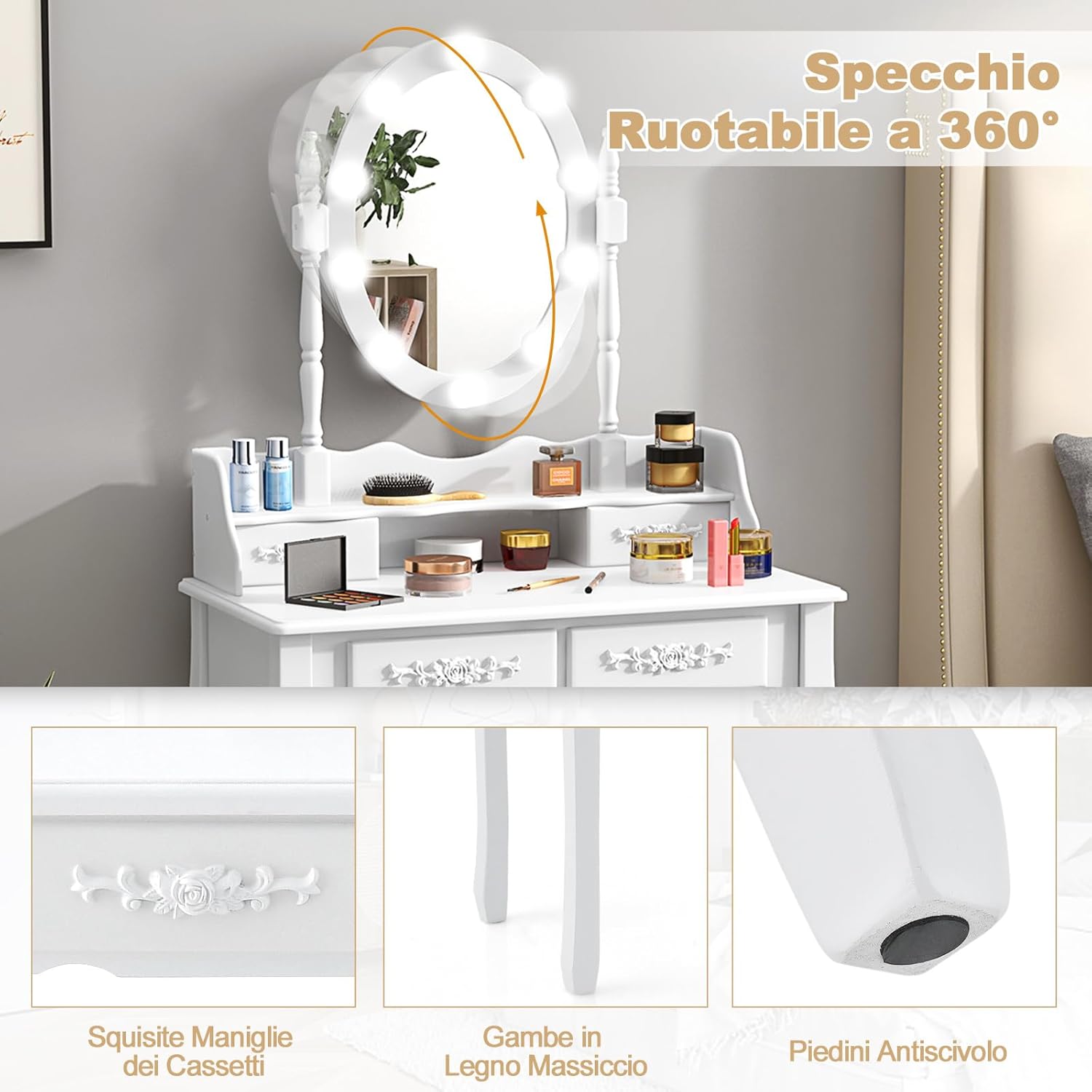 Toeletta da Trucco con 10 Luci LED, Tavolo da Trucco con Specchio Ovale Illuminato, Toeletta con 4 Cassetti e Sgabello Imbottito per Camera da Letto (Bianco)