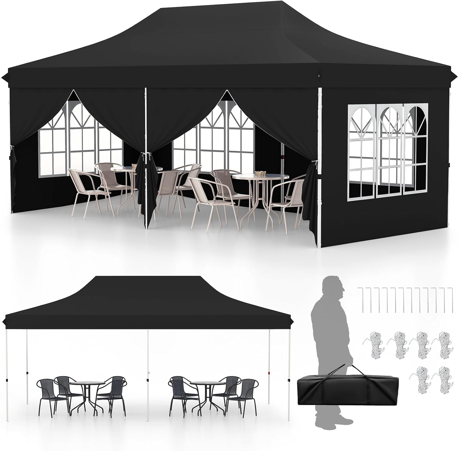 Gazebo da Giardino 3 x 6 m, Tendone per Feste con 6 Pannelli Laterali Rimovibili, con Borsa da Trasporto, Design Pop-up, per Matrimonio Eventi e Barbecue (Nero)