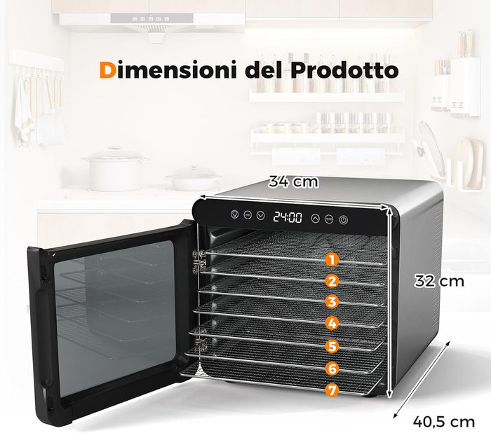 600W Essiccatore Alimentare, Disidratatore per Cibo in Acciaio Inox con 7 Vassoi Timer 24 Ore e Temperatura da 30-75℃, Accessori Inclusi, Disidratare per Carne Frutta Verdure
