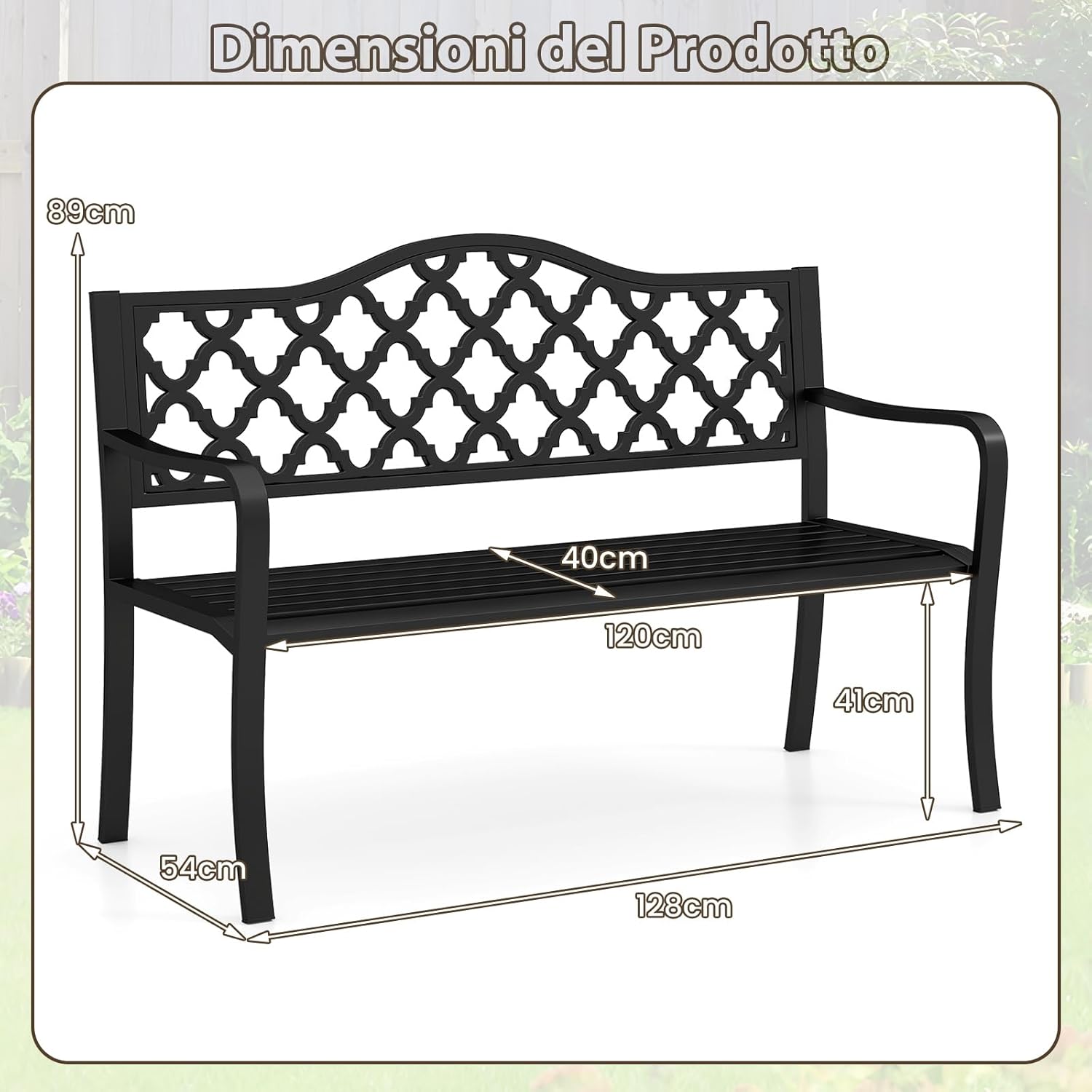 Panchina da Esterno in Metallo 128 x 54 x 89 cm per 2-3 Persone, Panca da Giardino con Doghe e Braccioli Curvati per Piscina e Veranda, Nero