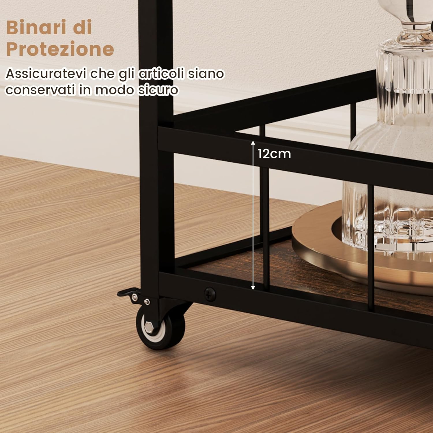 Carrello da Cucina a 3 Ripiani, Carello in Legno con 4 Ruote Universali a Freno e Vasoio Rimovibile, Carrello con Supporti per Bicchieri e Bottiglie di Vino, 84 x 40 x 90 cm, Marrone Rustico