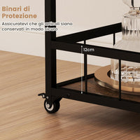 Carrello da Cucina a 3 Ripiani, Carello in Legno con 4 Ruote Universali a Freno e Vasoio Rimovibile, Carrello con Supporti per Bicchieri e Bottiglie di Vino, 84 x 40 x 90 cm, Marrone Rustico