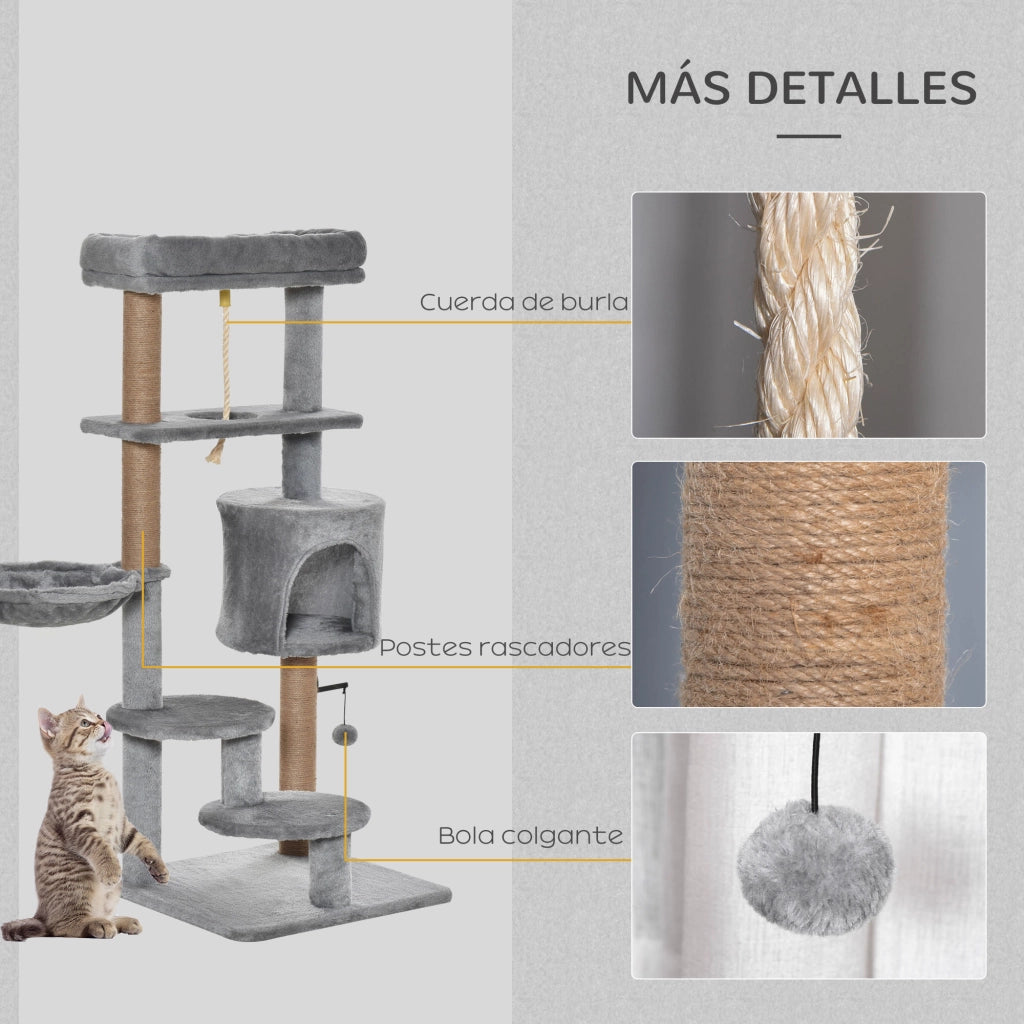 Albero tiragraffi per gatti con piattaforme, amaca e tana ¨C zephmum ¨C grigio 48x48x120 cm
