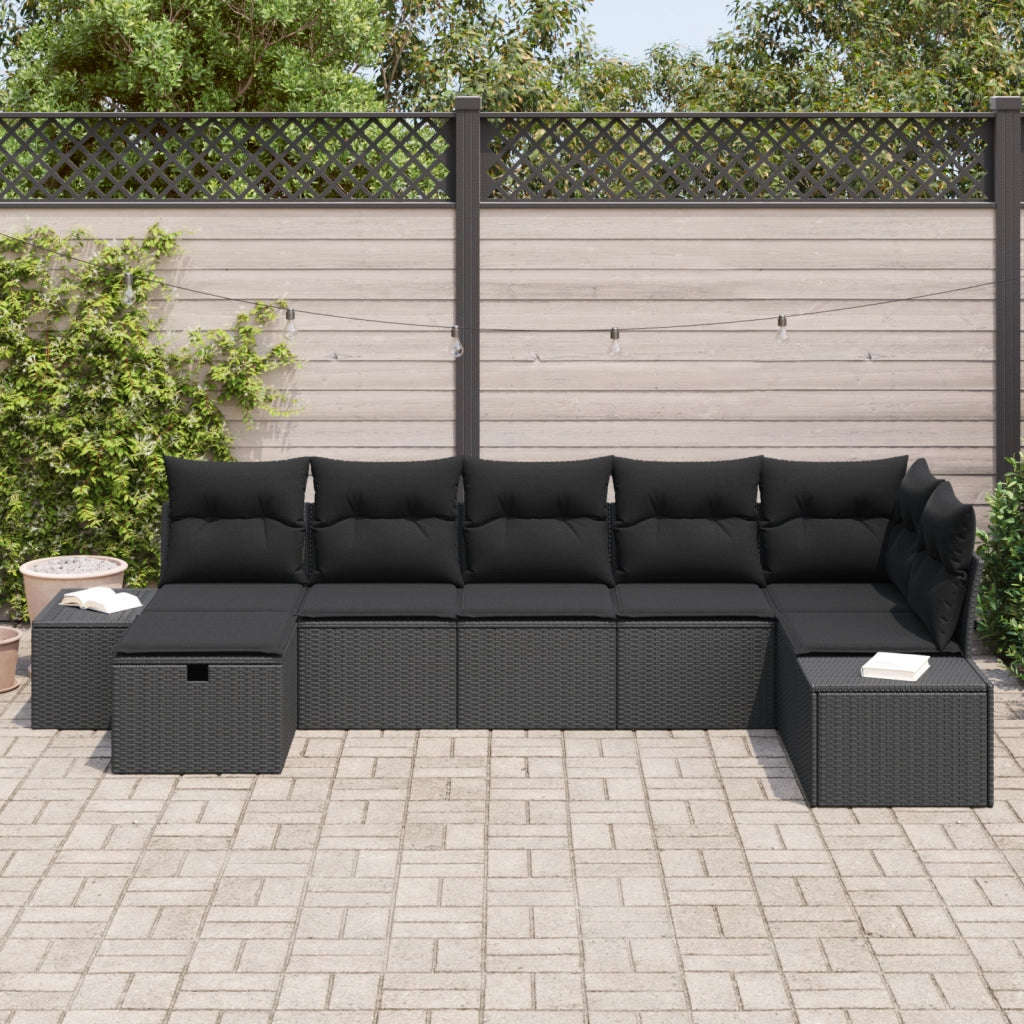 Set di divani da giardino con cuscini neri in polirattan