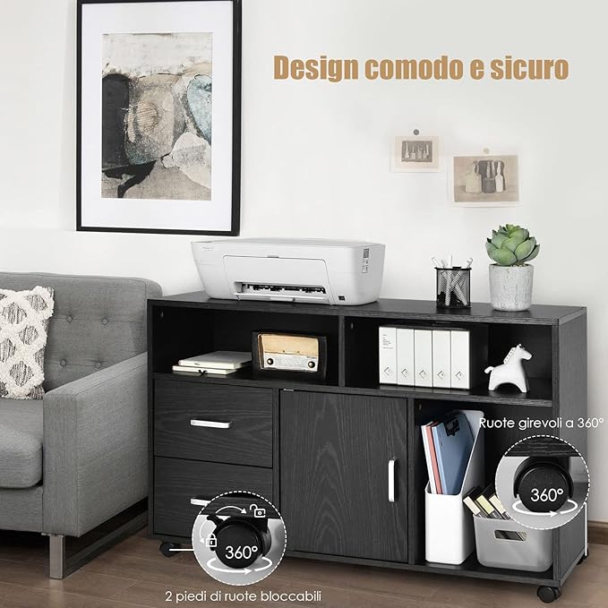 Mobile Per Documenti Con 3 Mensole Aperte, 2 Cassetti, Superficie Ampia, Schedario Mobile Con 5 Ruote Girevoli, Per Casa e Ufficio