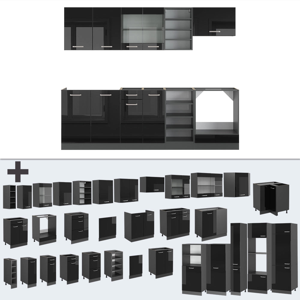 Cucina componibile R-Line Nero lucido/Antracite 240 cm senza piano di lavoro Vicco