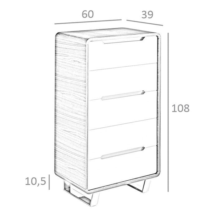 Chiffoniera in legno bianco, noce e acciaio cromato