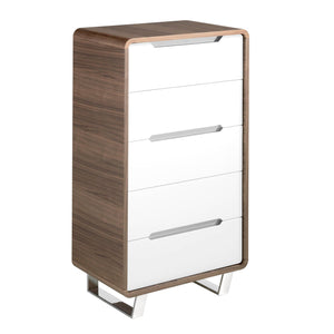 Chiffoniera in legno bianco, noce e acciaio cromato