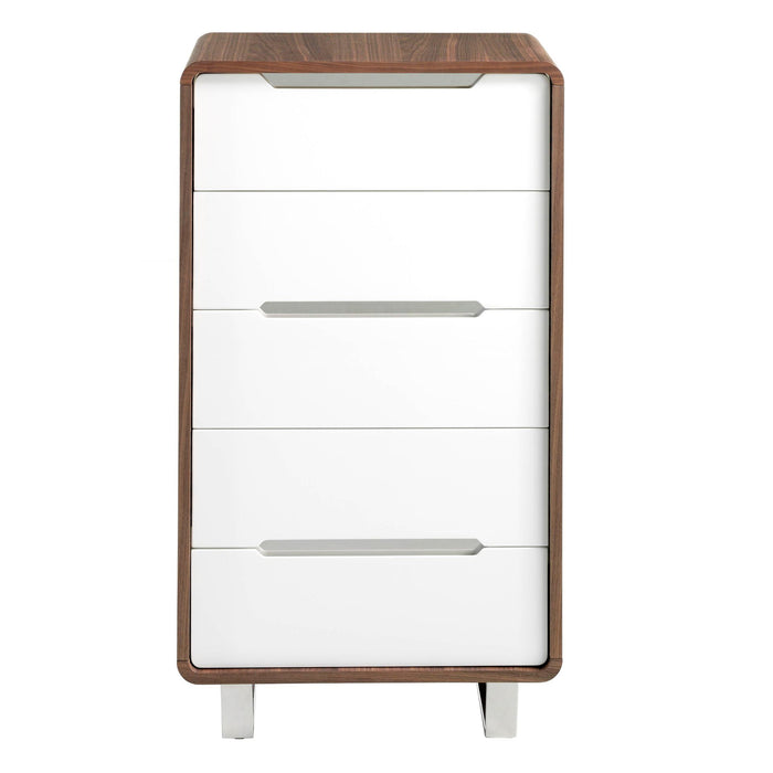 Chiffoniera in legno bianco, noce e acciaio cromato