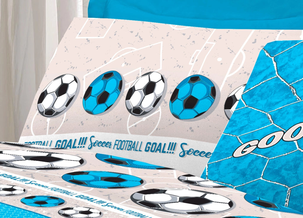 Completo Lenzuola Linea Pensieri Delicati 100% Cotone Disegno Calcio - Singolo - Azzurro
