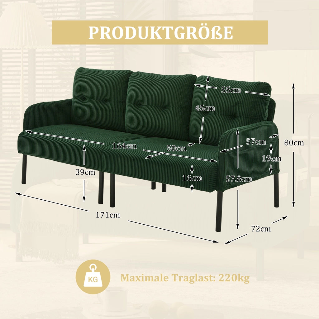 Divano a 3 posti in tessuto effetto velluto con schienale ergonomico tasca laterale e struttura stabile verde smeraldo