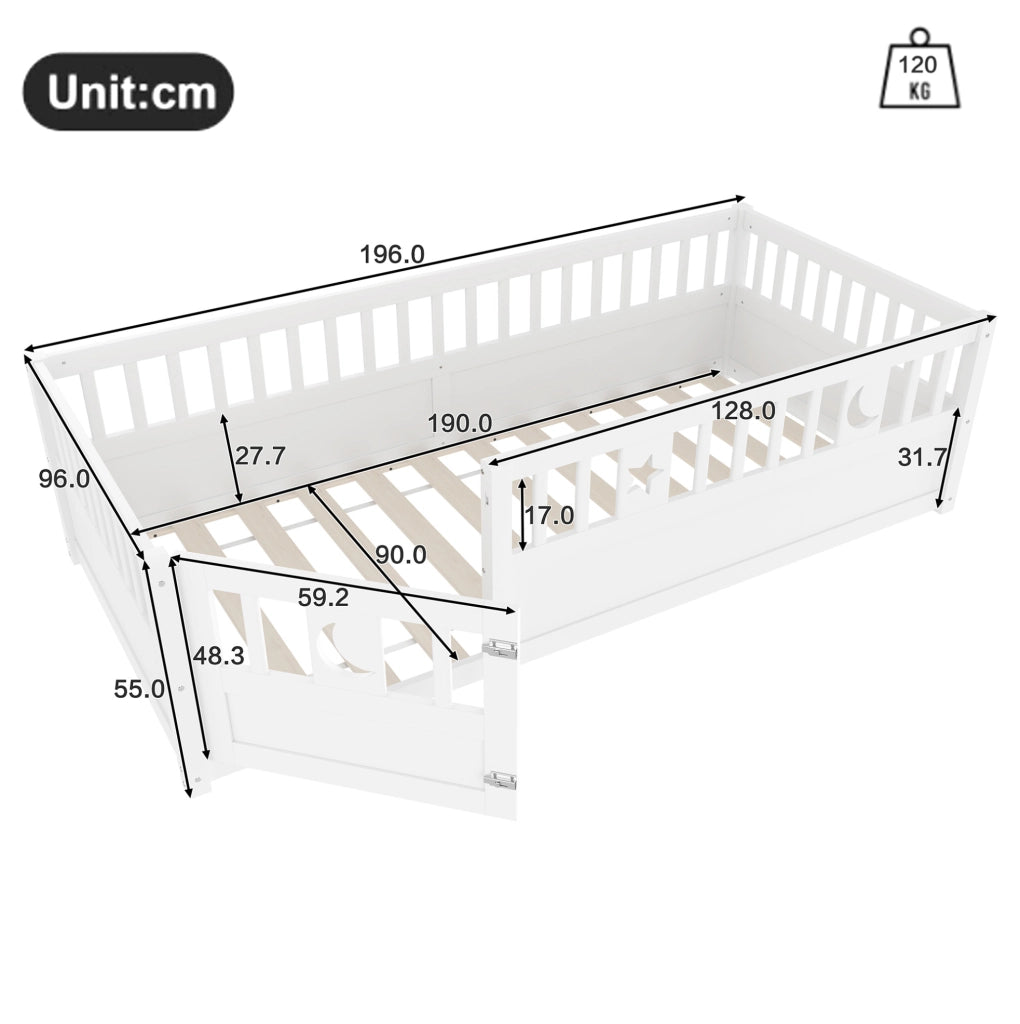 Letto per bambini 90 x 190 cm in pino bianco con sponde e decori stella e luna