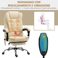 Poltrona Massaggiante Ergonomica ad Altezza Regolabile con 6 Punti Vibranti, 65x160x104 cm, Crema