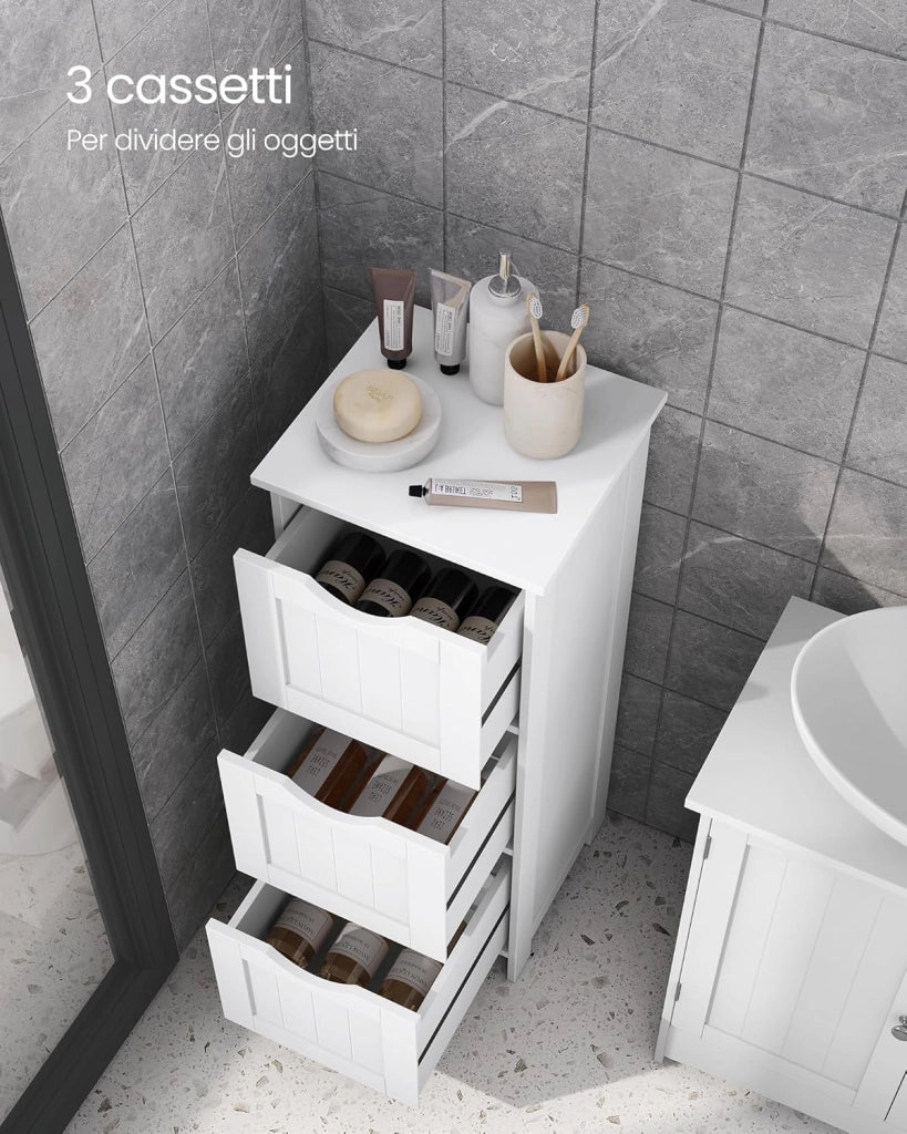 VASAGLE Armadietto bagno 3 cassetti 30x32x81 cm bagno soggiorno sala sala da pranzo cucina moderno bianco opaco BBC50WT