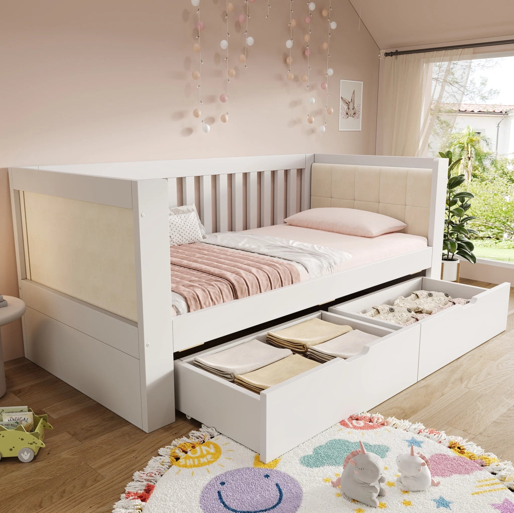 Letto da giorno con 2 cassetti 90x190 cm in legno di pino e compensato; bianco