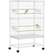Gabbia per Uccelli da Interni con Vassoio Estraibile, 4 Ruote e Trespolo, 78x52x132 cm, Bianco