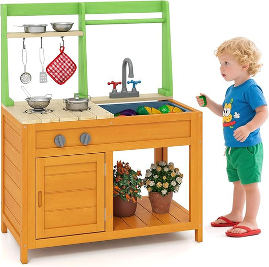 Cucina Giocattolo in Legno, Cucina da Gioco all'Aperto con Fornelli Realistici, Rubinetto, Lavandino, Forno e Accessori per Pentole, Giocattoli per Bambini dai 3+ Anni