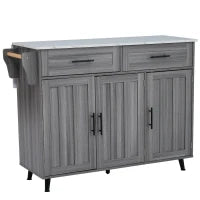 Carrello da Cucina Multifunzione con Tavolo Ribaltabile, Ripiani Interni e 5 Ruote, 2 Cassetti e Mobiletto Salvaspazio, 129x71x91,5 cm, Grigio