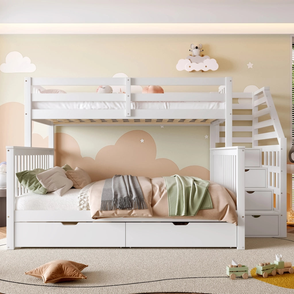 OKWISH Letto a Castello 90×200 cm e 140×200 cm, Letto 3 Posti con 2 Cassetti, Spazio Contenitore e Scala, senza Materasso, Bianco