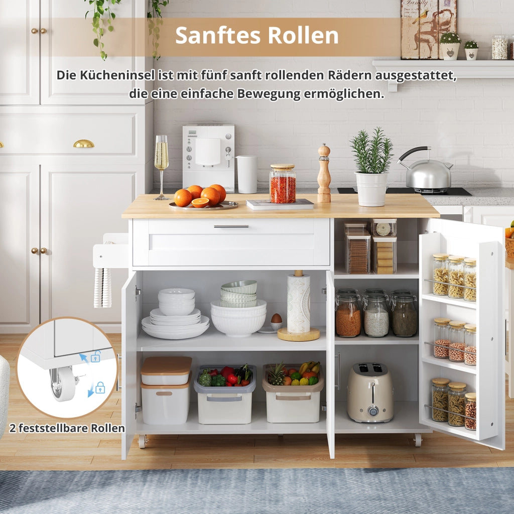 Carrello da Cucina con 2 Ante; 1 Cassetto; Ripiani Regolabili; Portasciugamani e 5 Ruote 132.5x44x90 cm