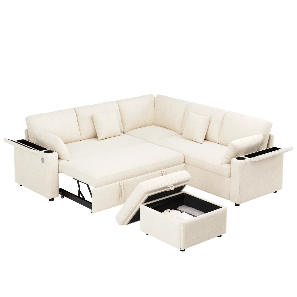 Divano angolare convertibile con pouf contenitore USB Type-C portabicchieri e vani bracciolo in chenille beige