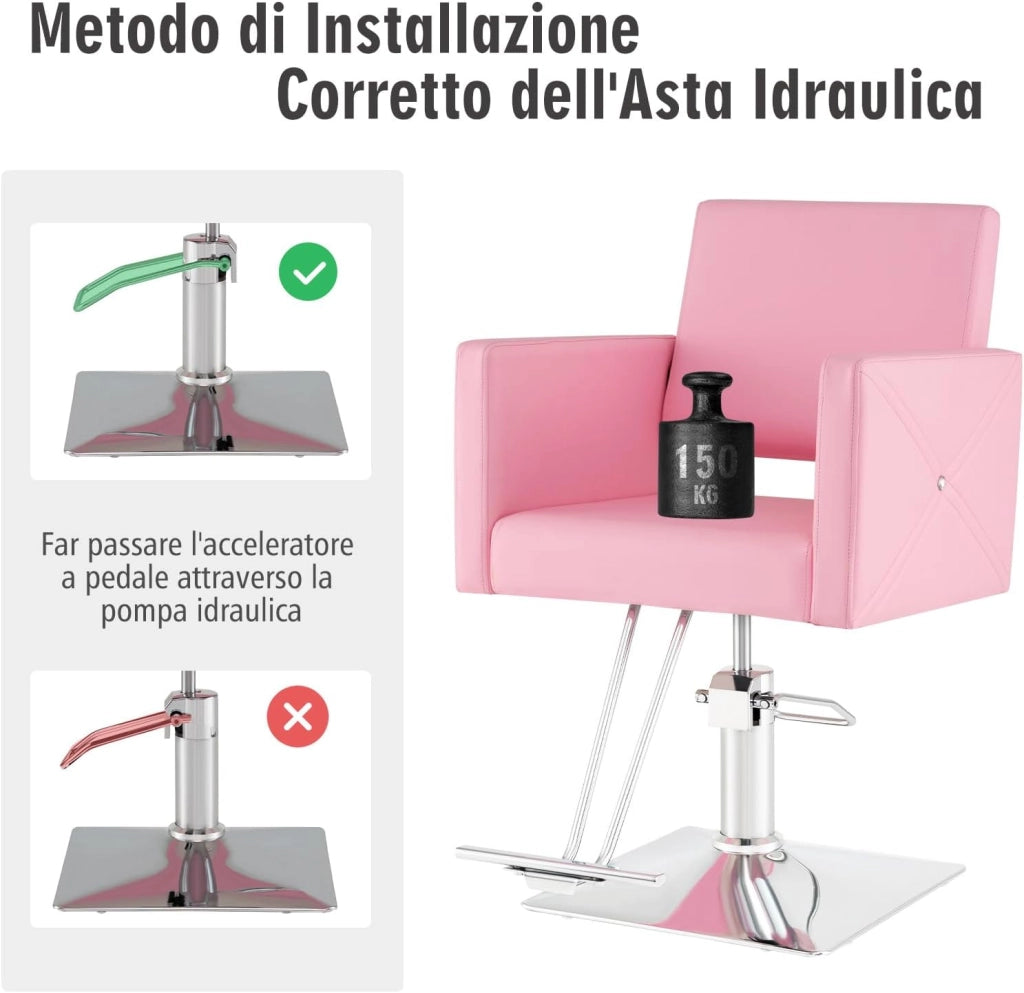 Poltrona da Parrucchiere, Poltrona da Barbiere con Altezza Regolabile, Sedia da Barbiere Girevole a 360°, con Pompa Idraulica Pesante, per Parrucchiere, Portata 150 kg (Rosa)
