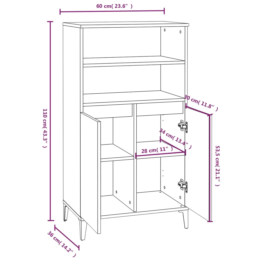 Credenza-Buffet-Armadio da cucina Bianco Lucido 60x36x110 cm in Legno Multistrato