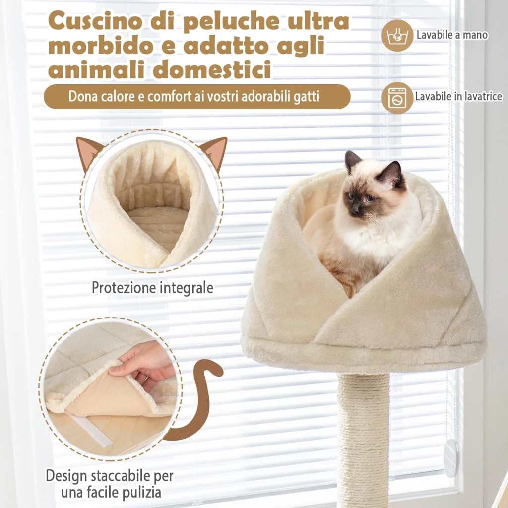 Tiragraffi per Gatti in Legno, Tiragraffi per Gatti con Cuccia, Piattaforma, 3 Cuscini Rimovibili e Lavabili e Tiragraffi, Albero Tiragraffi per Gatti Medi e Grandi, 111 x 42 x 155 cm