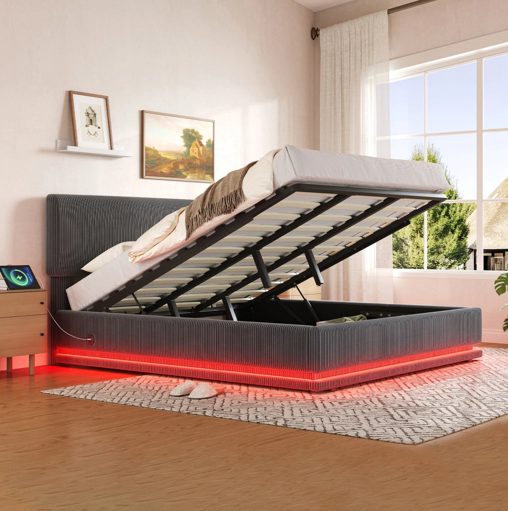 Letto imbottito 180x200 cm grigio scuro in velluto a coste con LED e USB-C