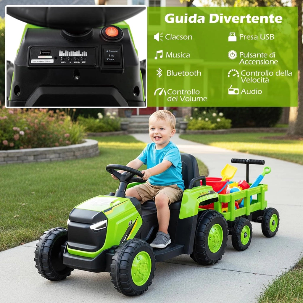 12V Trattore Elettrico per Bambini, Trattore a Pedali con Rimorchio Staccabile Controllo Remoto Fari LED Clacson e Musica, Macchina Elettrica per Bambini 37-95 Mesi (Verde)