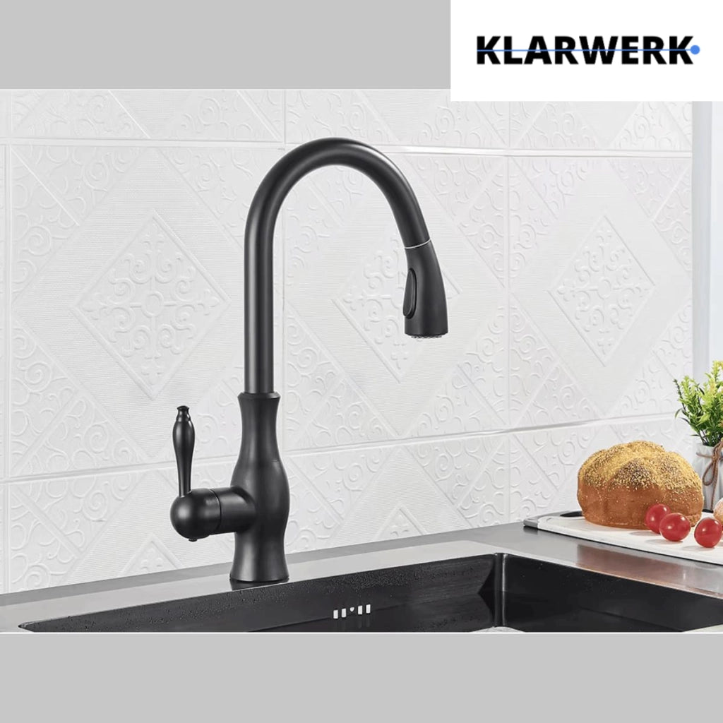 NAVIS | Elegante rubinetto cucina estraibile in acciaio inox nero, arco alto, miscelatore di lusso, alta pressione, 360°, 2 attacchi